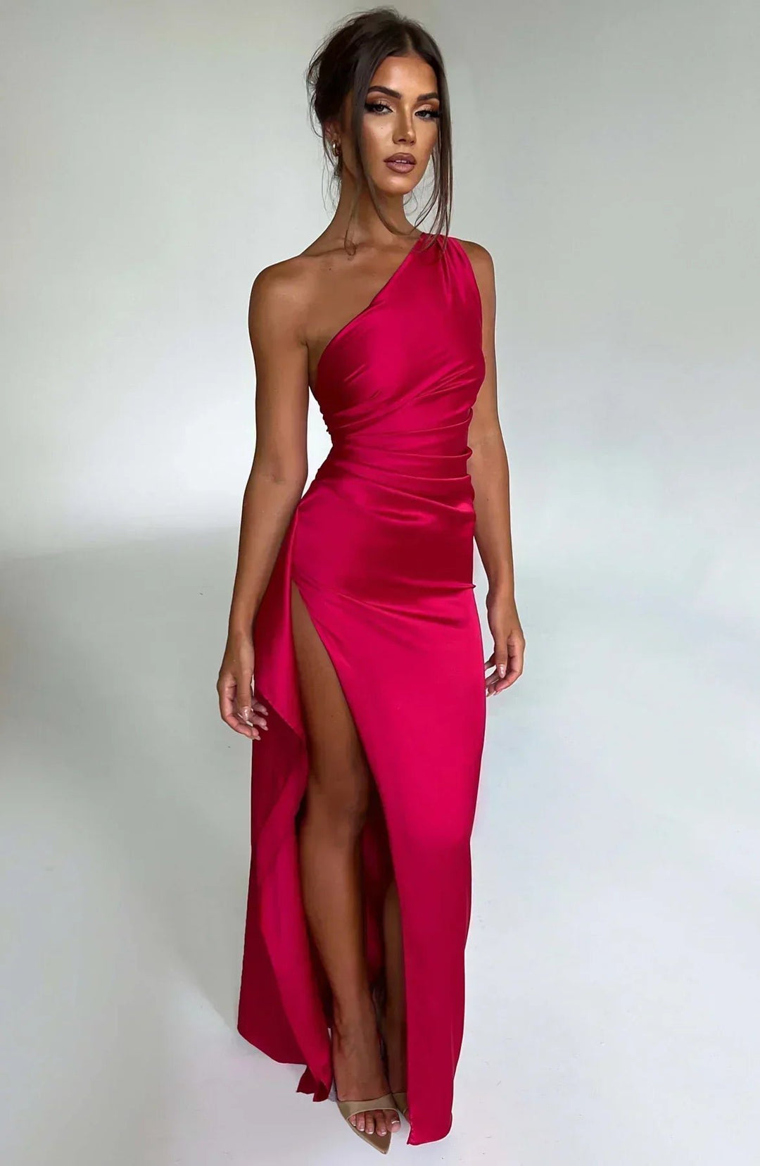 Women's One-Shoulder Satin Ruched Maxi Dress High Slit - Red