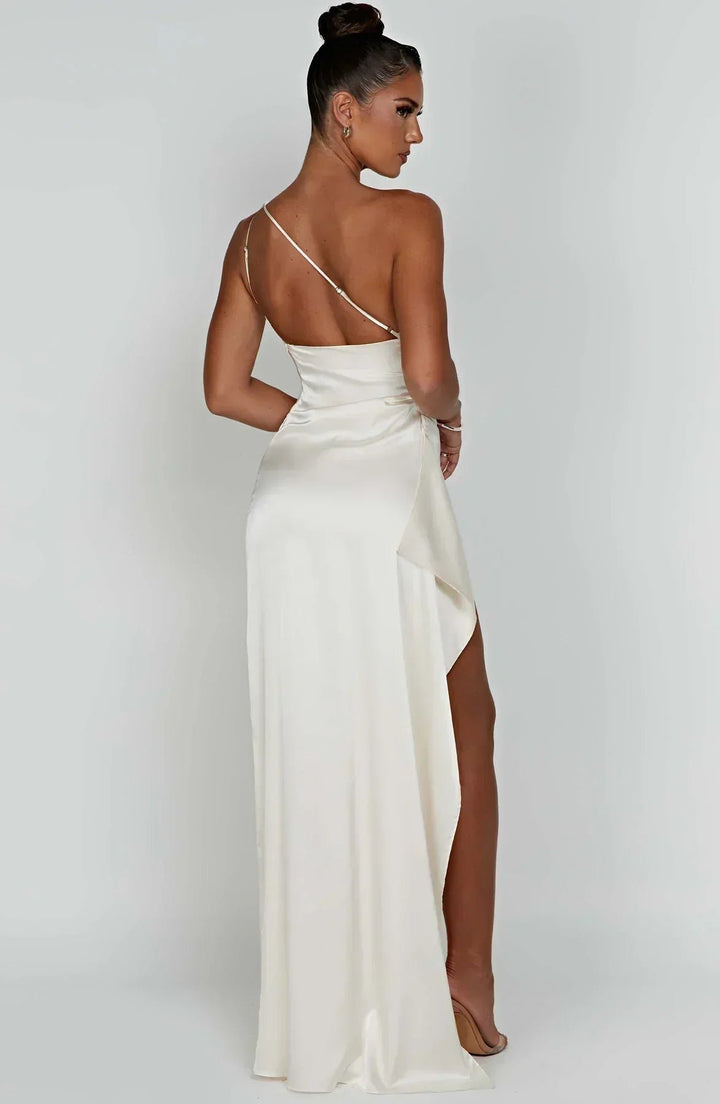 Women's One-Shoulder Satin Ruched Maxi Dress High Slit