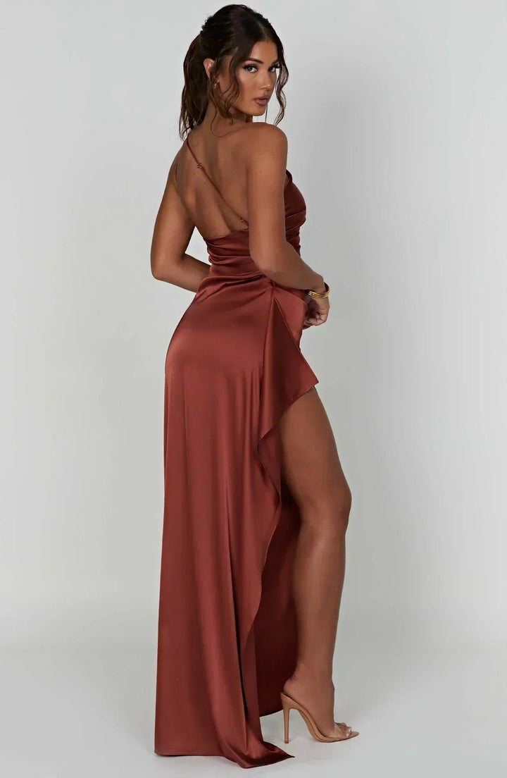 Women's One-Shoulder Satin Ruched Maxi Dress High Slit