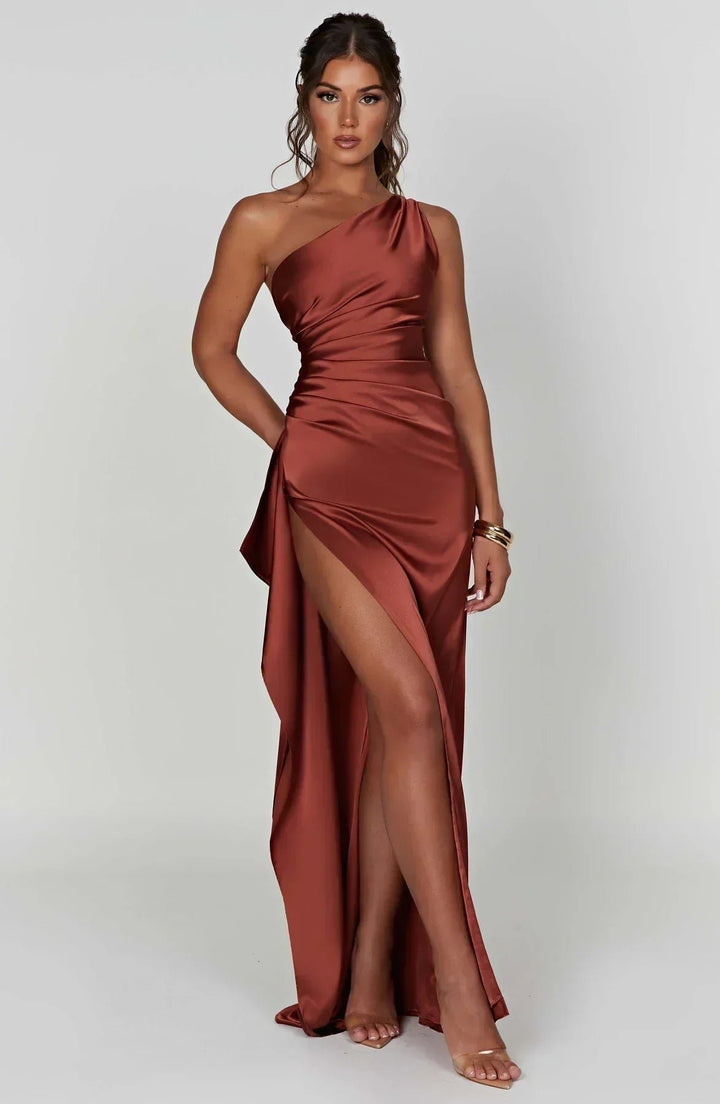 Women's One-Shoulder Satin Ruched Maxi Dress High Slit - Rust Brown
