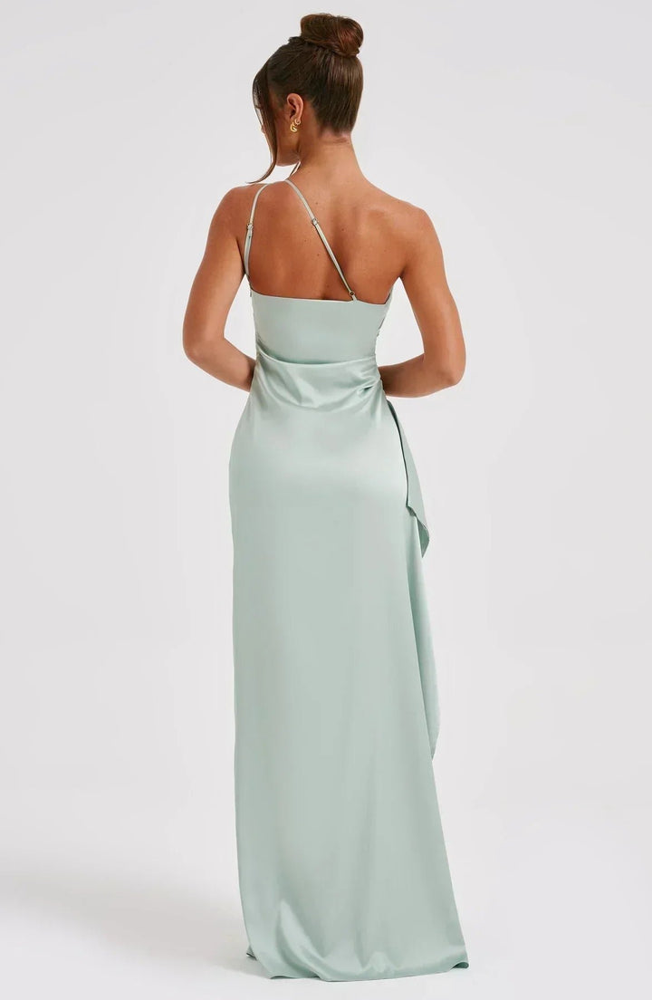 Women's One-Shoulder Satin Ruched Maxi Dress High Slit