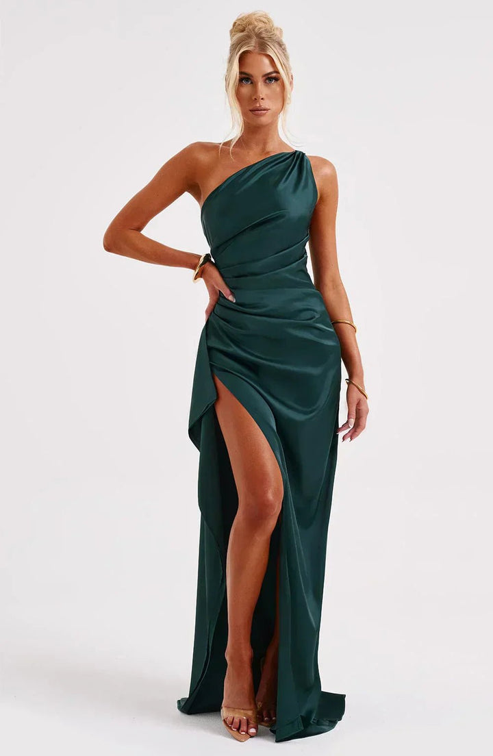 Women's One-Shoulder Satin Ruched Maxi Dress High Slit - Dark Teal Green