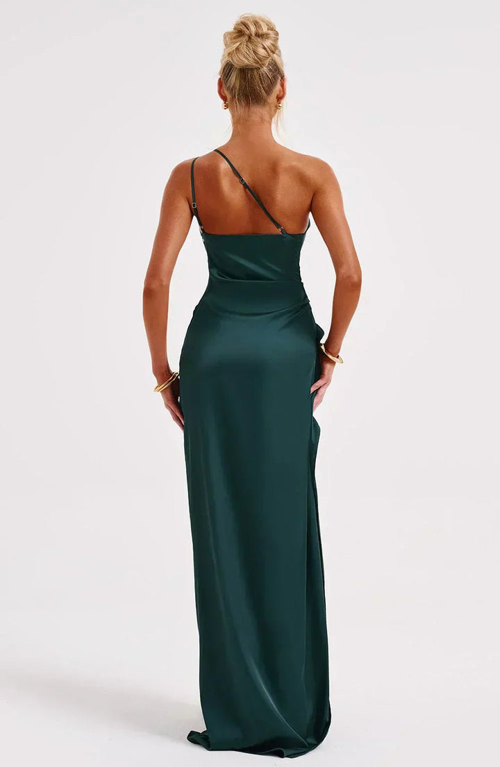 Women's One-Shoulder Satin Ruched Maxi Dress High Slit