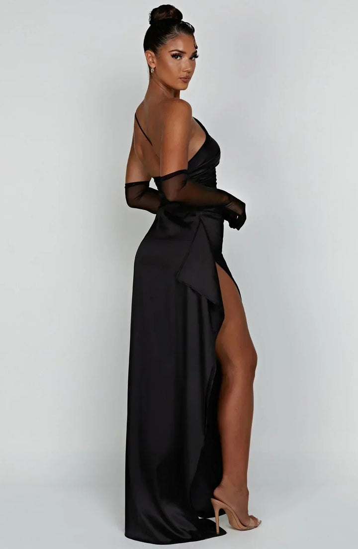 Women's One-Shoulder Satin Ruched Maxi Dress High Slit