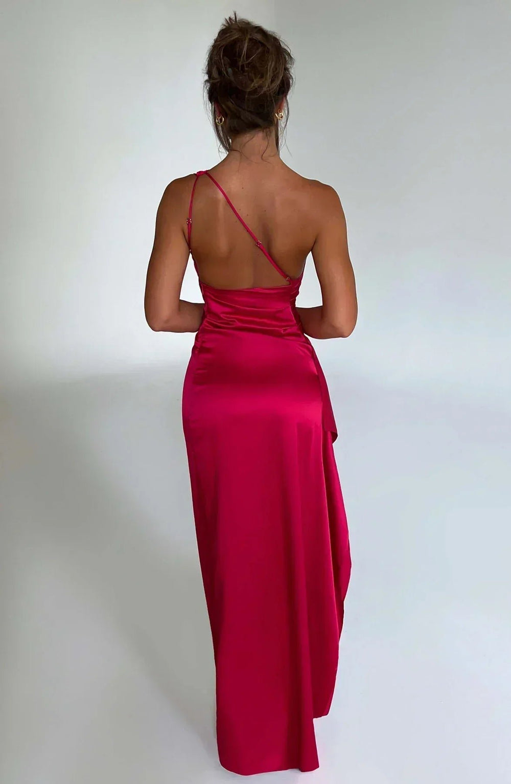 Women's One-Shoulder Satin Ruched Maxi Dress High Slit