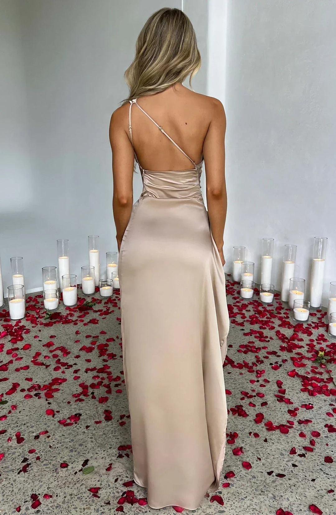 Women's One-Shoulder Satin Ruched Maxi Dress High Slit