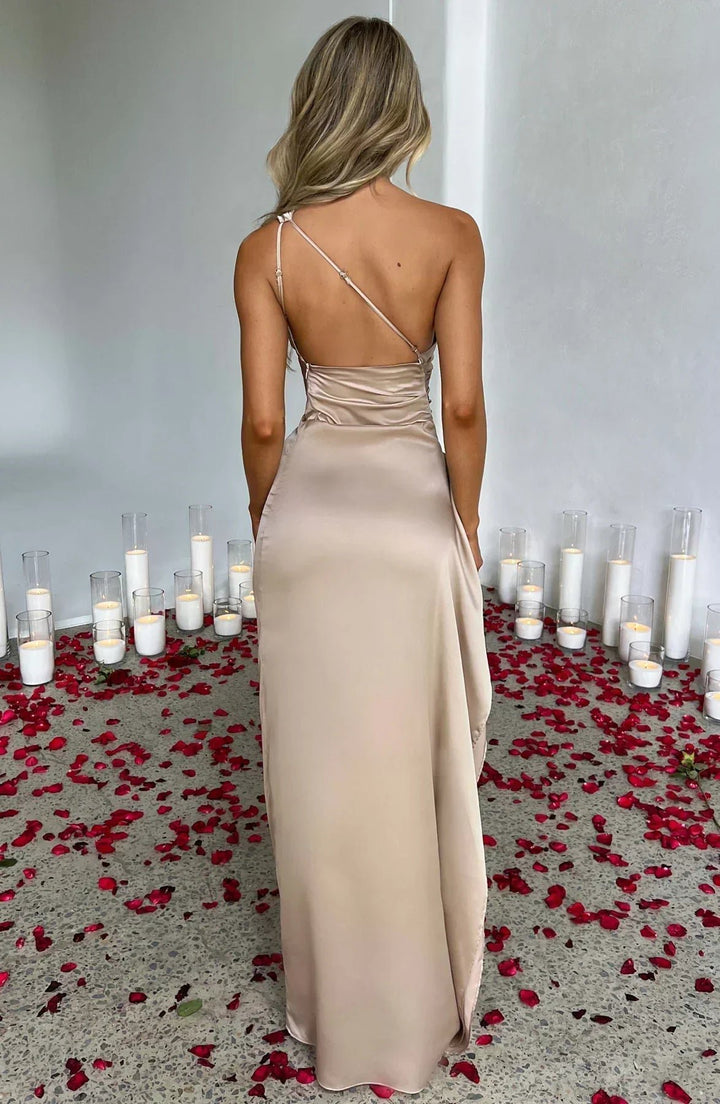 Women's One-Shoulder Satin Ruched Maxi Dress High Slit