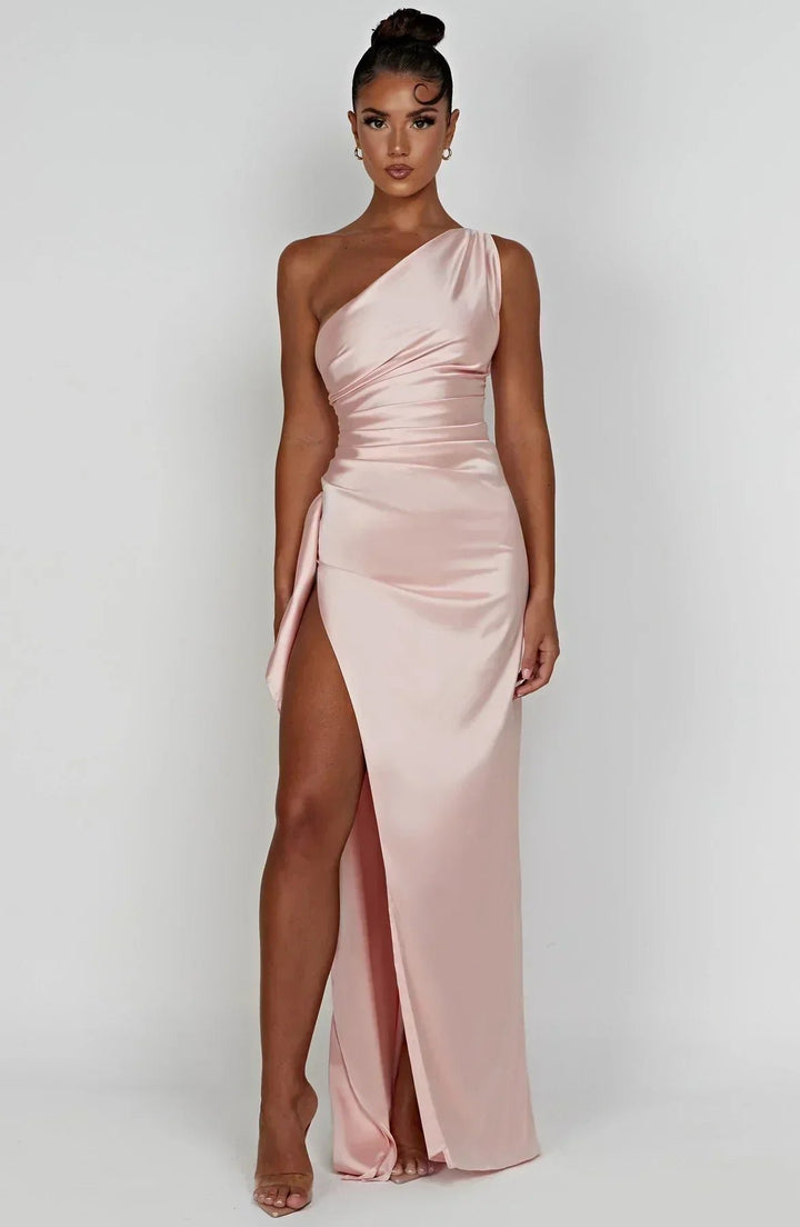 Women's One-Shoulder Satin Ruched Maxi Dress High Slit - Pink