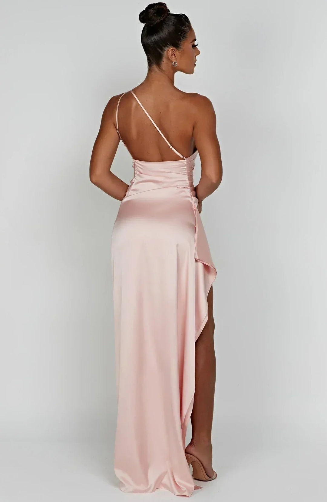Women's One-Shoulder Satin Ruched Maxi Dress High Slit