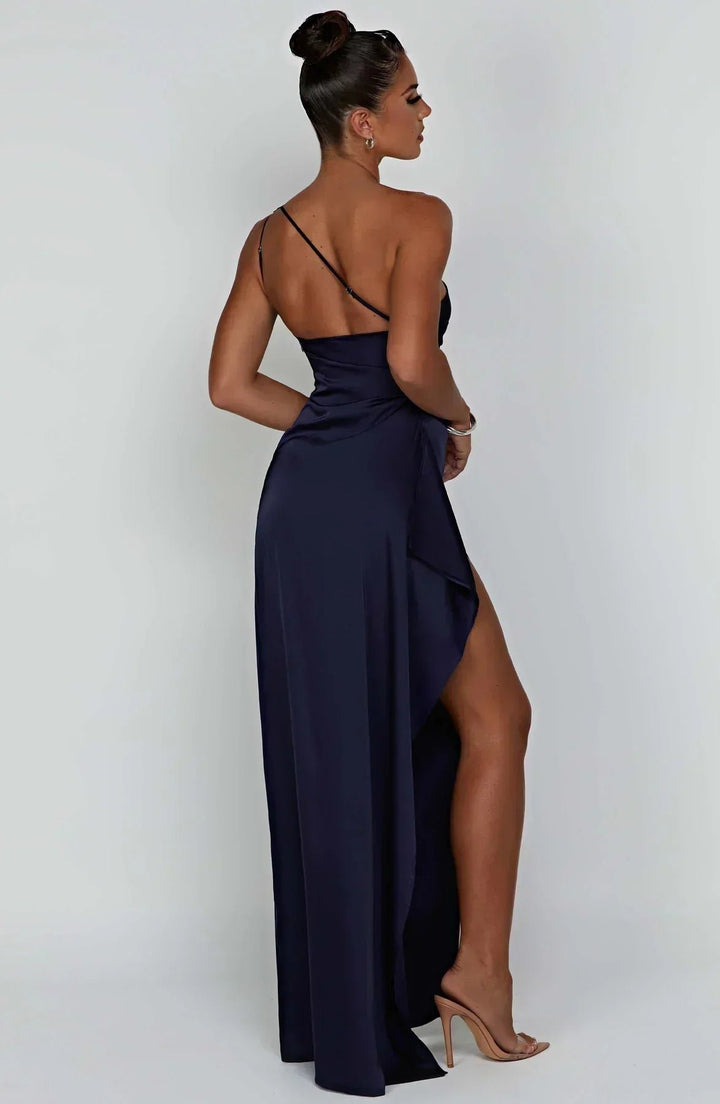 Women's One-Shoulder Satin Ruched Maxi Dress High Slit