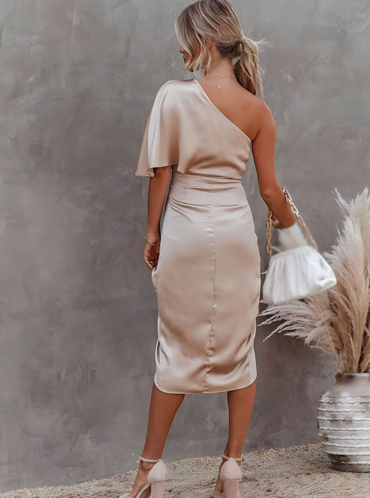 Women's One-Shoulder Satin Wrap Midi Dress