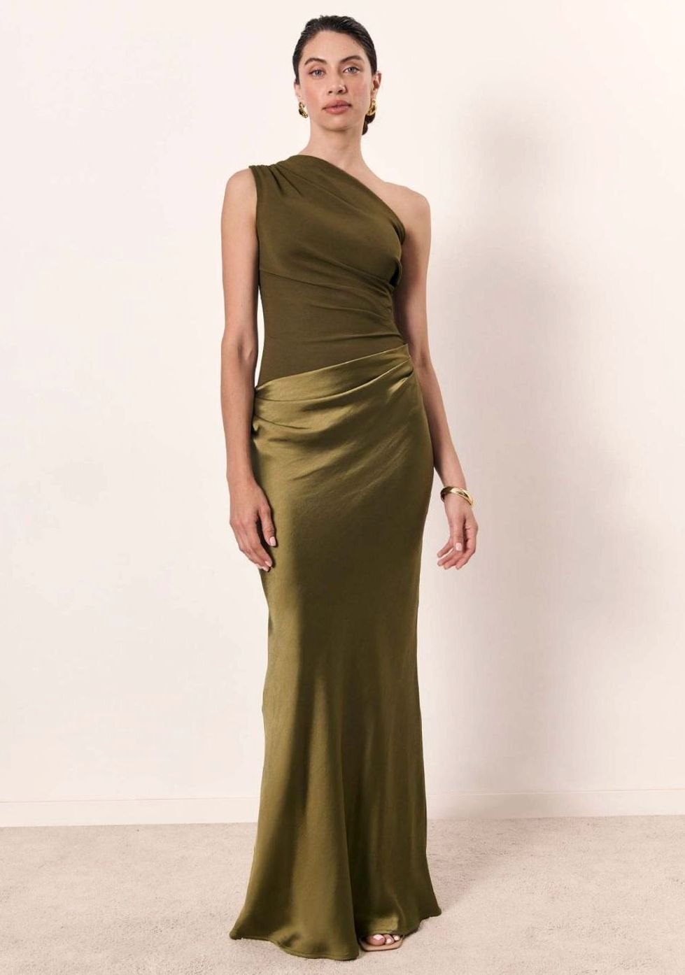 Women's One-Shoulder Sleeveless Satin Skirt Maxi Dress