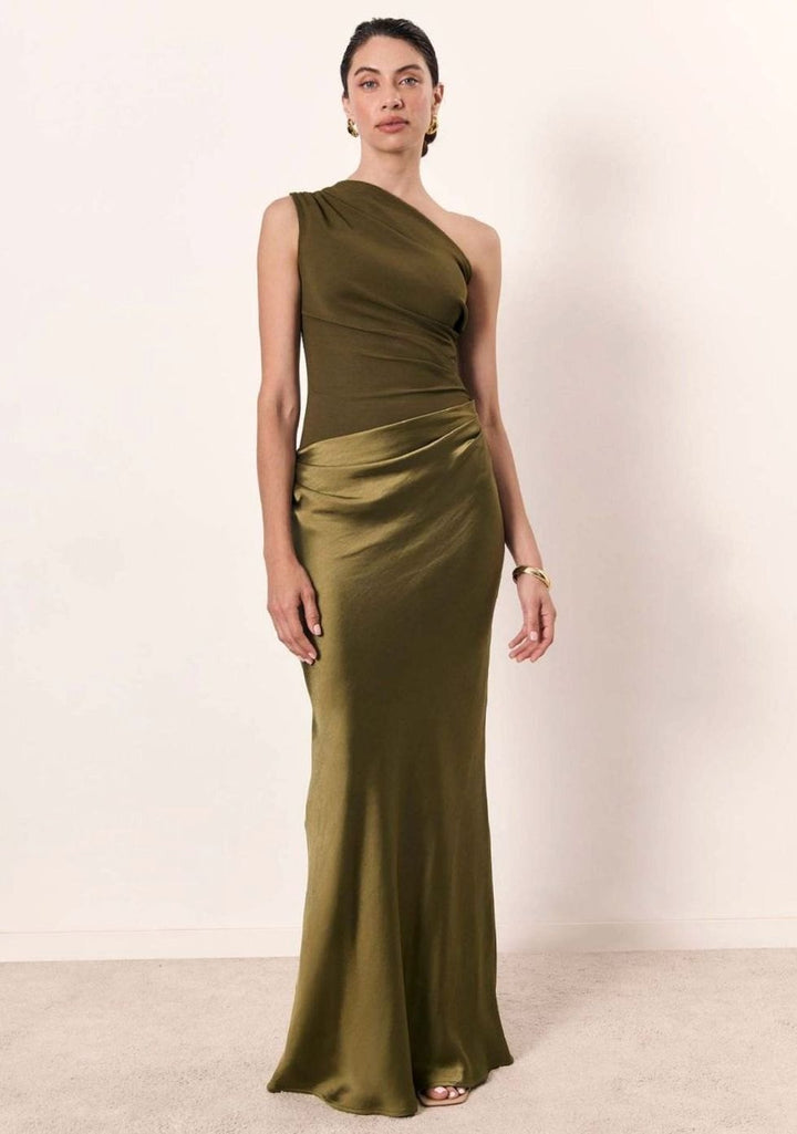 Women's One-Shoulder Sleeveless Satin Skirt Maxi Dress