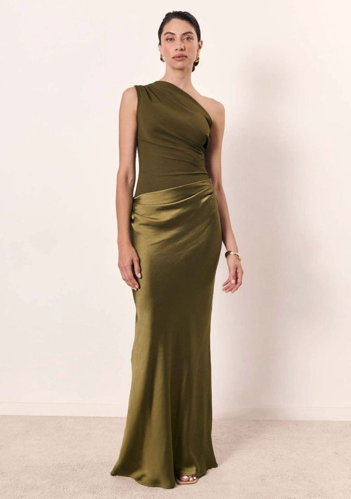 Women's One-Shoulder Sleeveless Satin Skirt Maxi Dress