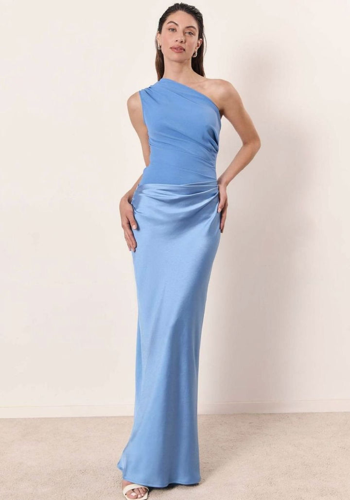 Women's One-Shoulder Sleeveless Satin Skirt Maxi Dress