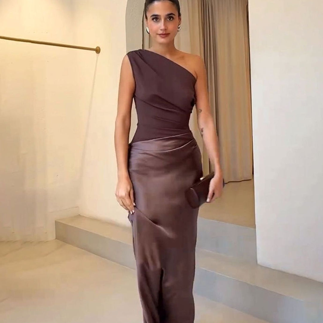 Women's One-Shoulder Sleeveless Satin Skirt Maxi Dress - Dark Brown