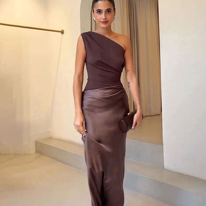 Women's One-Shoulder Sleeveless Satin Skirt Maxi Dress - Dark Brown
