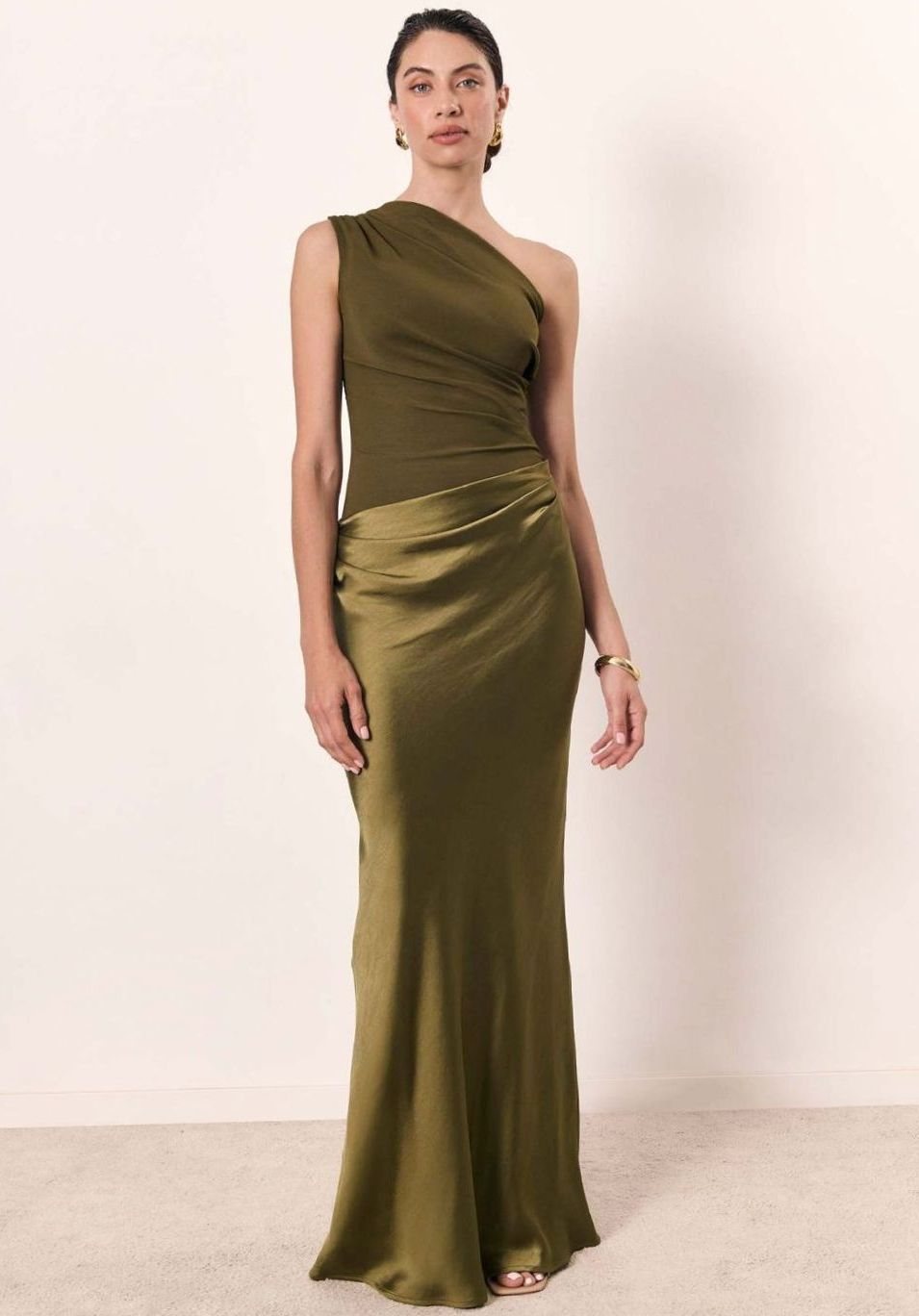 Women's One-Shoulder Sleeveless Satin Skirt Maxi Dress - Matcha Green