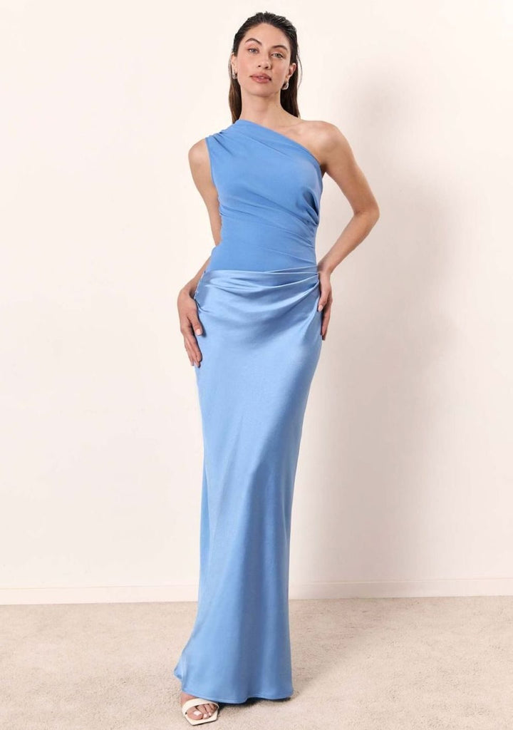 Women's One-Shoulder Sleeveless Satin Skirt Maxi Dress - Sky Blue