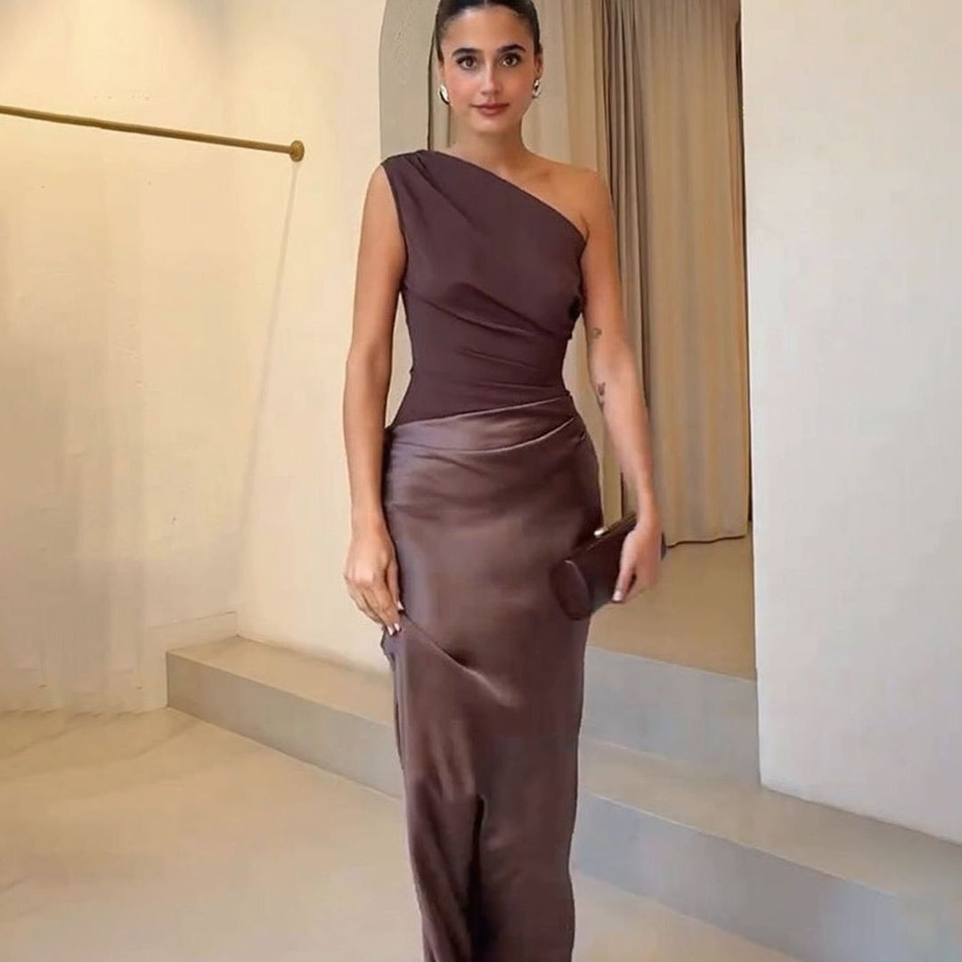 Women's One-Shoulder Sleeveless Satin Skirt Maxi Dress