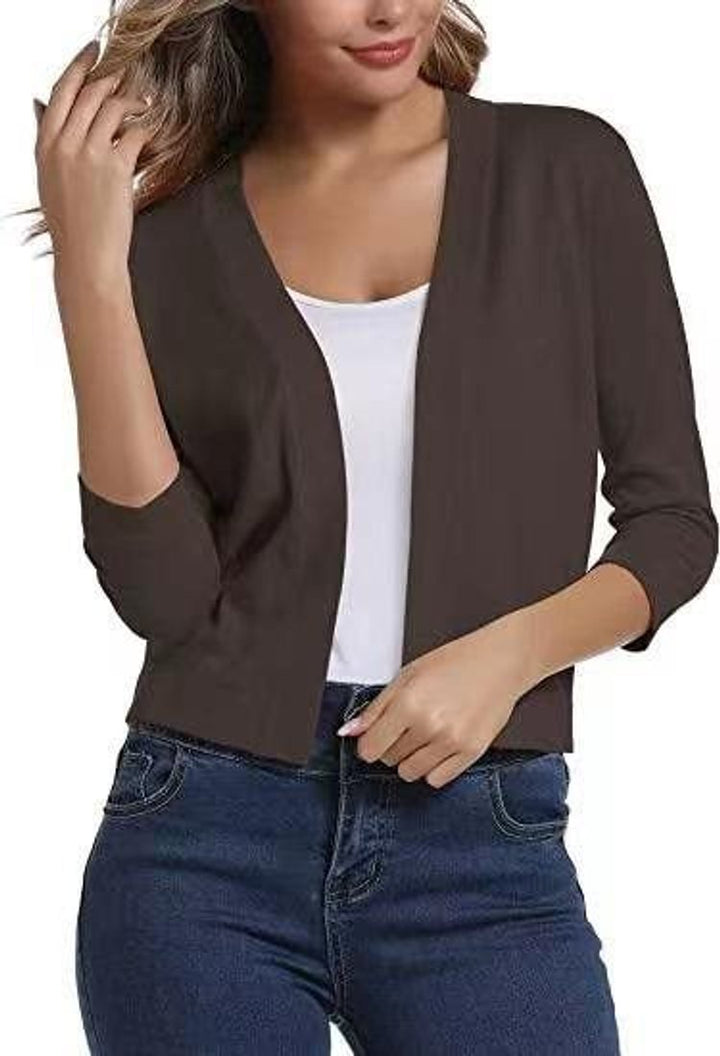 Women's Open-Front 3/4 Sleeve Cropped Cardigan - Brown