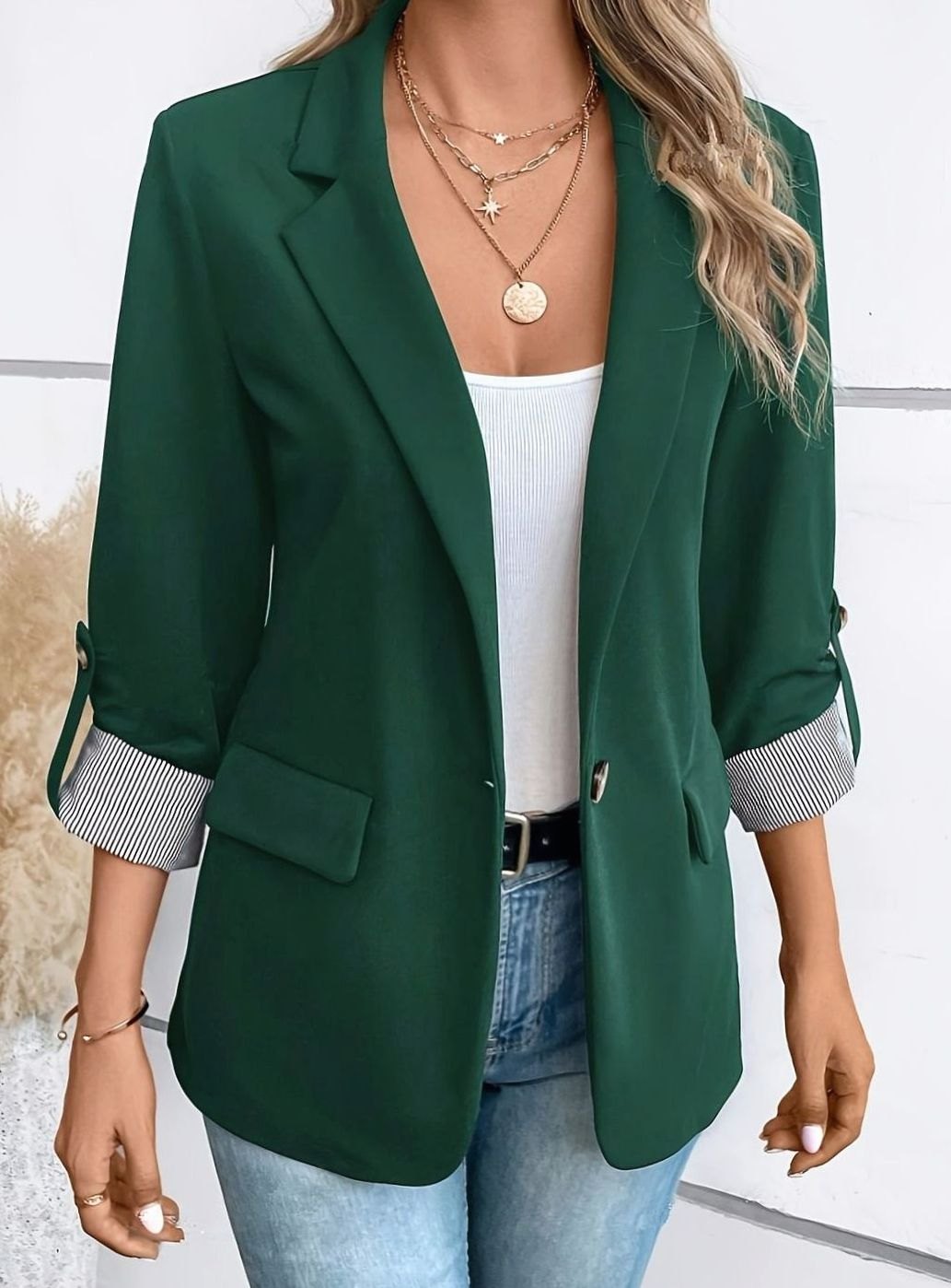 Women's Open-Front Rolled-Sleeve Notch-Lapel Office Blazer - Green