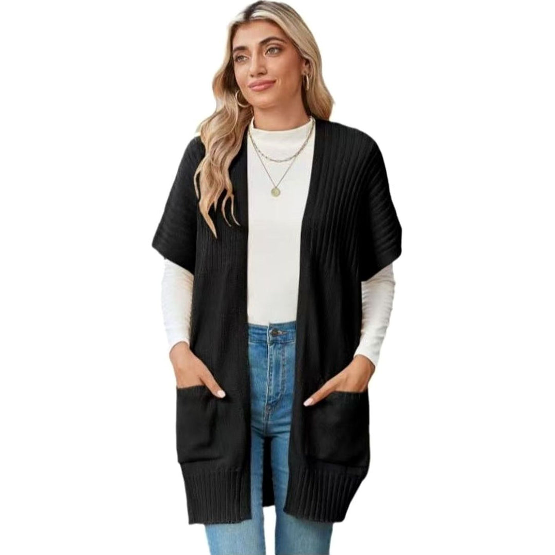 Women's Open-Front Short-Sleeve Ribbed Knit Cardigan Pockets - Black