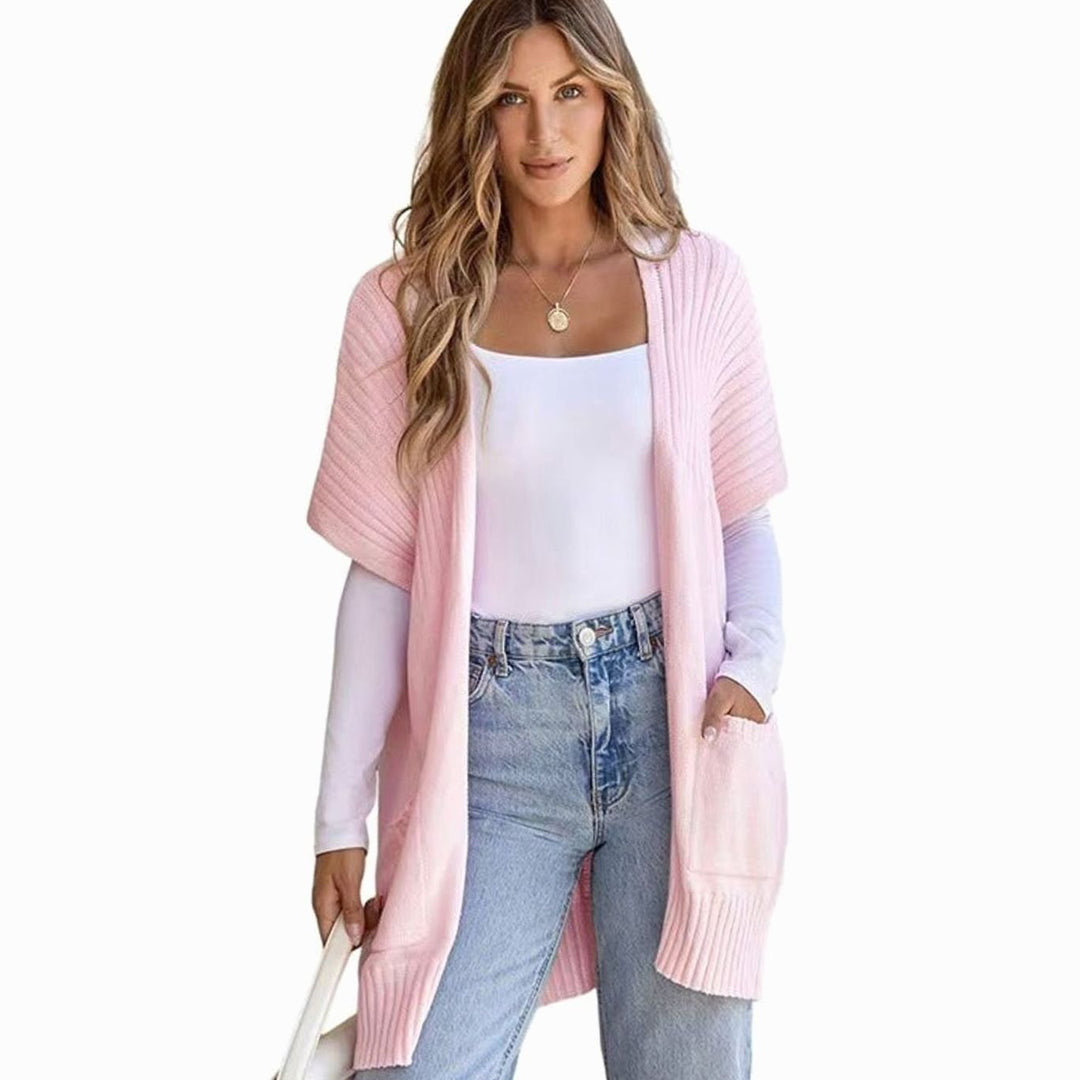 Women's Open-Front Short-Sleeve Ribbed Knit Cardigan Pockets - Pink