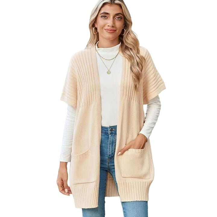 Women's Open-Front Short-Sleeve Ribbed Knit Cardigan Pockets - Apricot