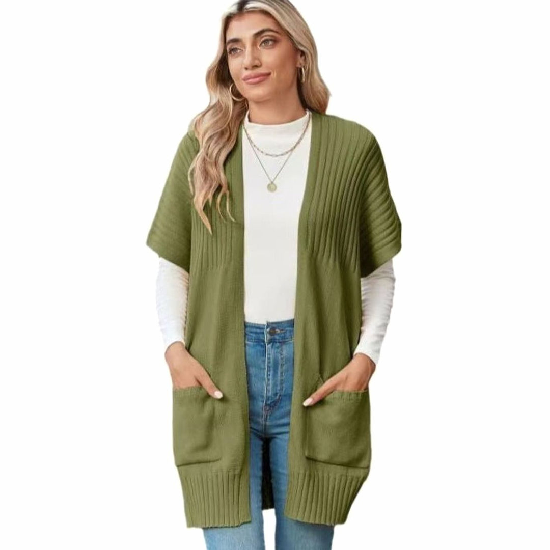 Women's Open-Front Short-Sleeve Ribbed Knit Cardigan Pockets - Army Green