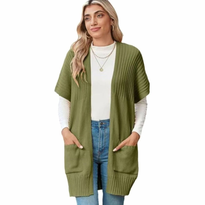 Women's Open-Front Short-Sleeve Ribbed Knit Cardigan Pockets - Army Green