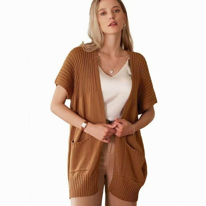 Women's Open-Front Short-Sleeve Ribbed Knit Cardigan Pockets - Brown
