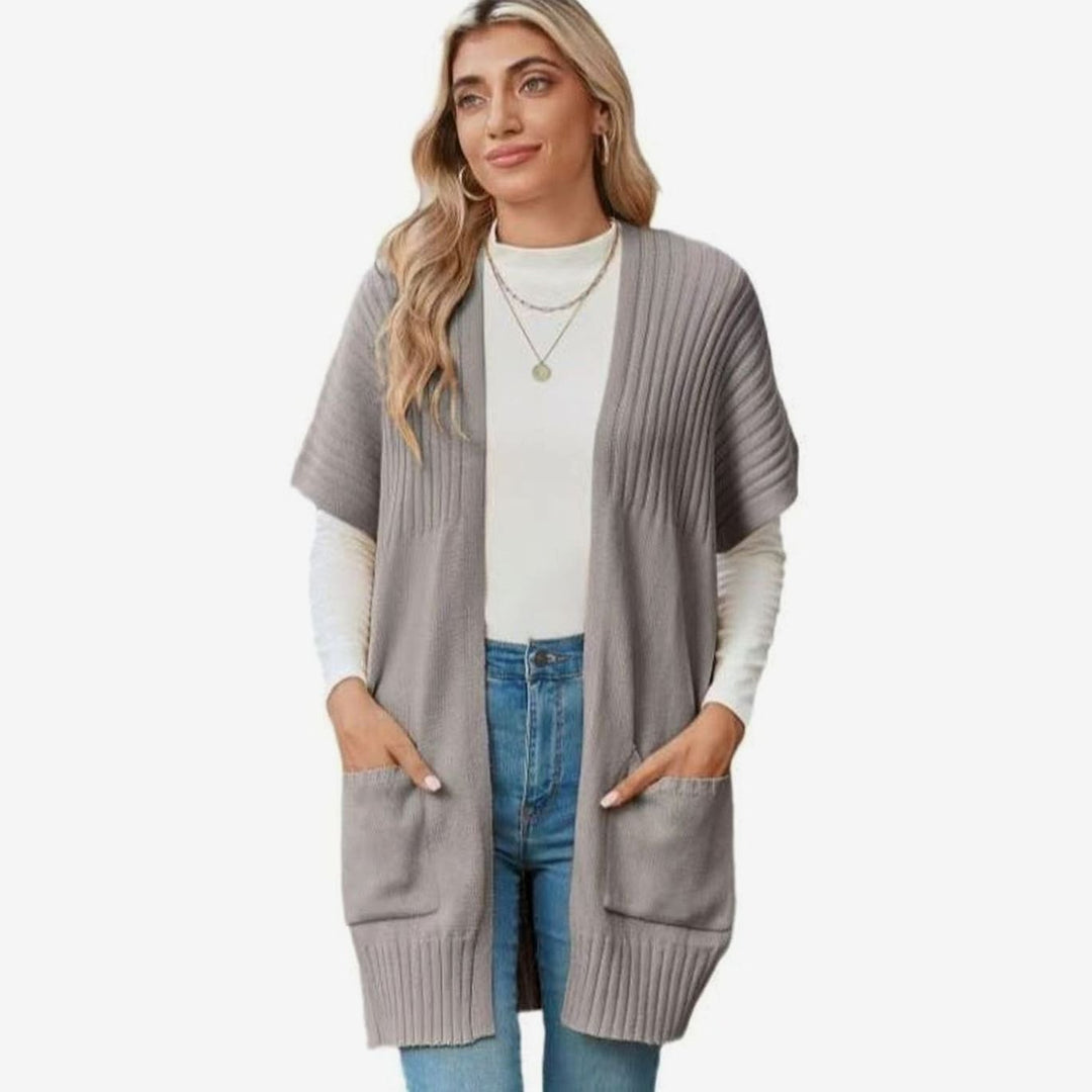 Women's Open-Front Short-Sleeve Ribbed Knit Cardigan Pockets - Light Gray