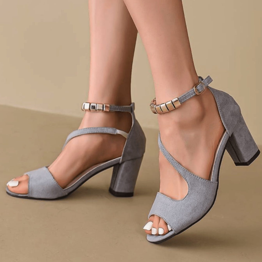 Women's Open-Toe Block Heel Ankle Strap Heels Suede Sandals - Grey