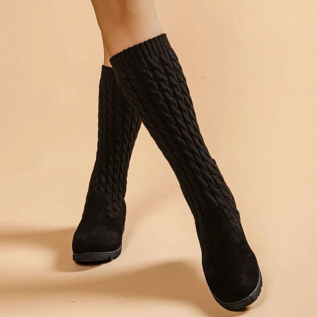 Women's Orthopedic Cable-Knit Suede Wedge Knee-High Boots - Black