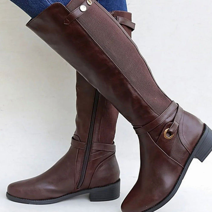 Women's Orthopedic Knee-High Elastic Panel Leather Boots - Brown
