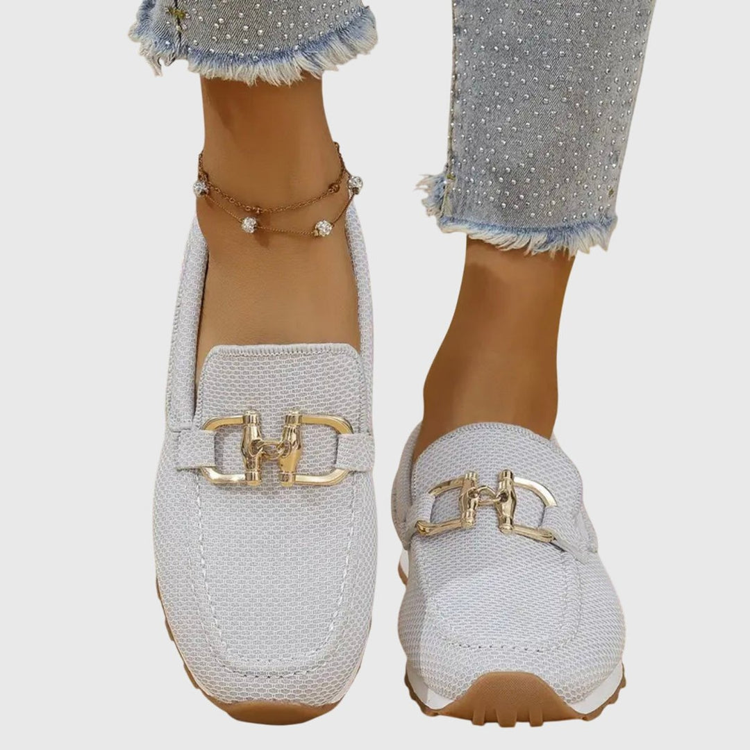 Women's Orthopedic Slip-On Loafer Sneakers Gold Horsebit - White