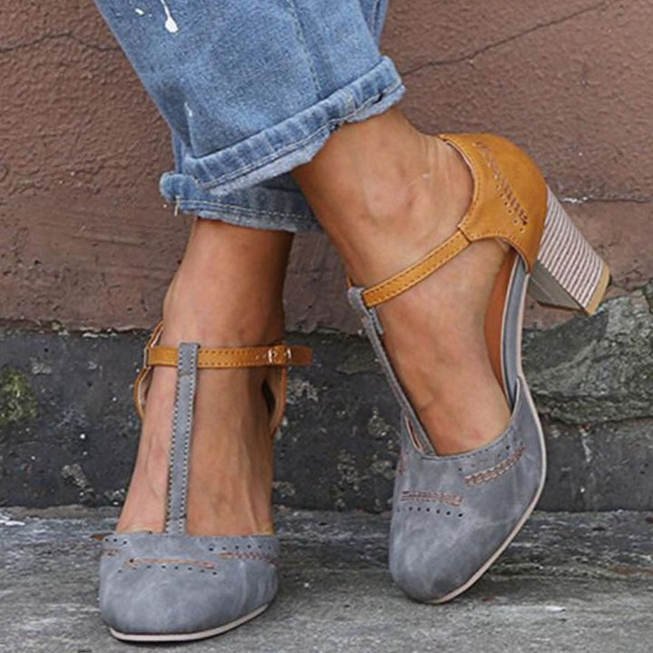 Women's Orthopedic T-Strap Block-Heel Heeled Shoes - Gray