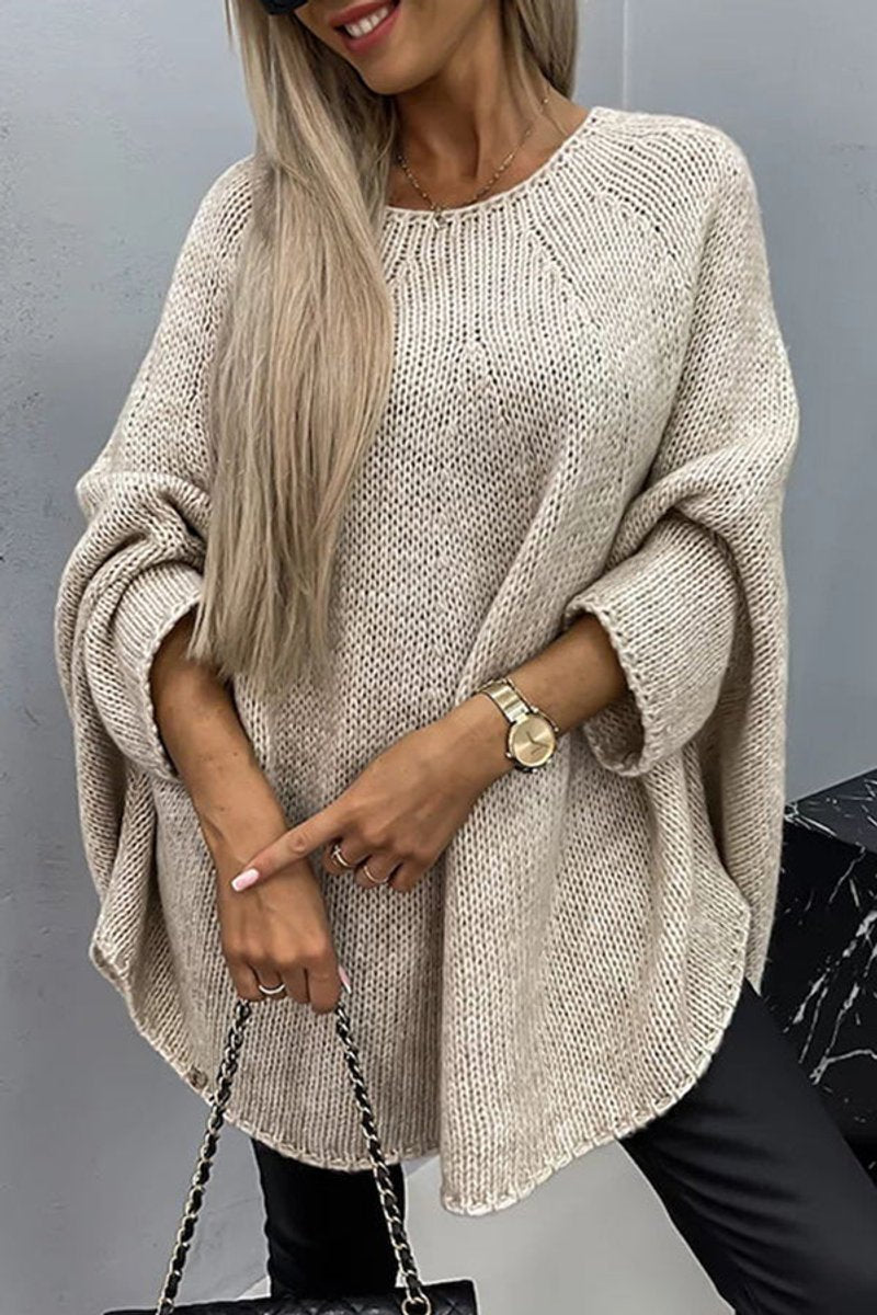 Women's Oversized Batwing-Sleeve Crewneck Knit Sweater - Beige