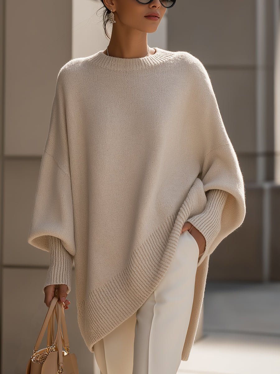 Women's Oversized Batwing-Sleeve Knit Pullover Sweater - Beige
