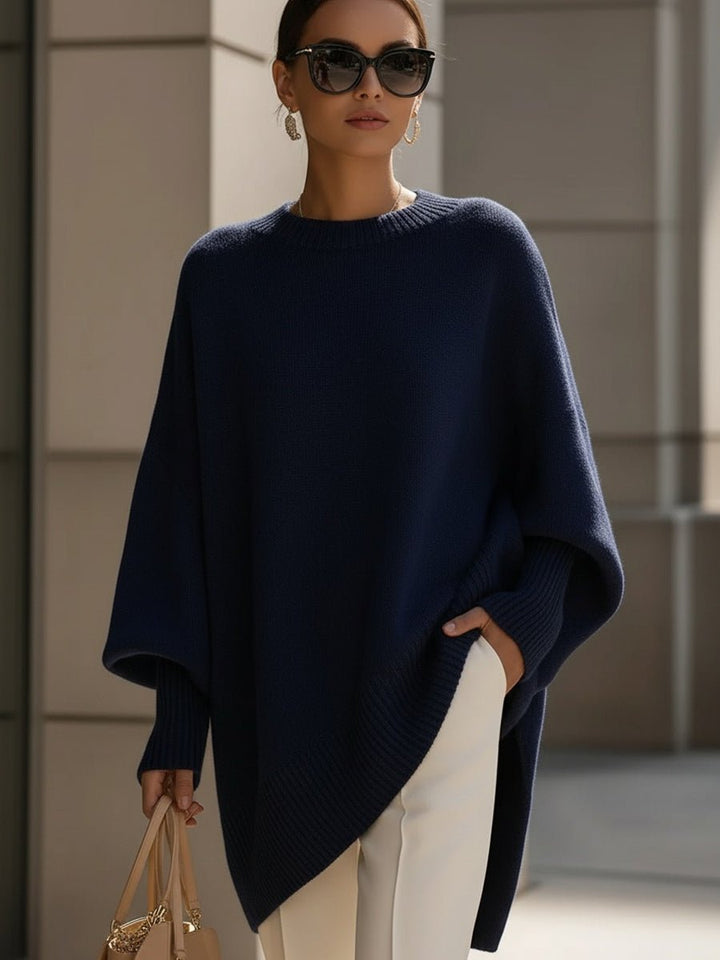 Women's Oversized Batwing-Sleeve Knit Pullover Sweater - Navy Blue