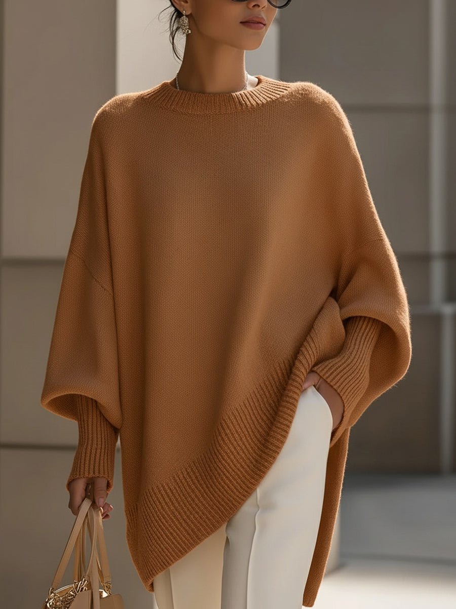 Women's Oversized Batwing-Sleeve Knit Pullover Sweater - Caramel