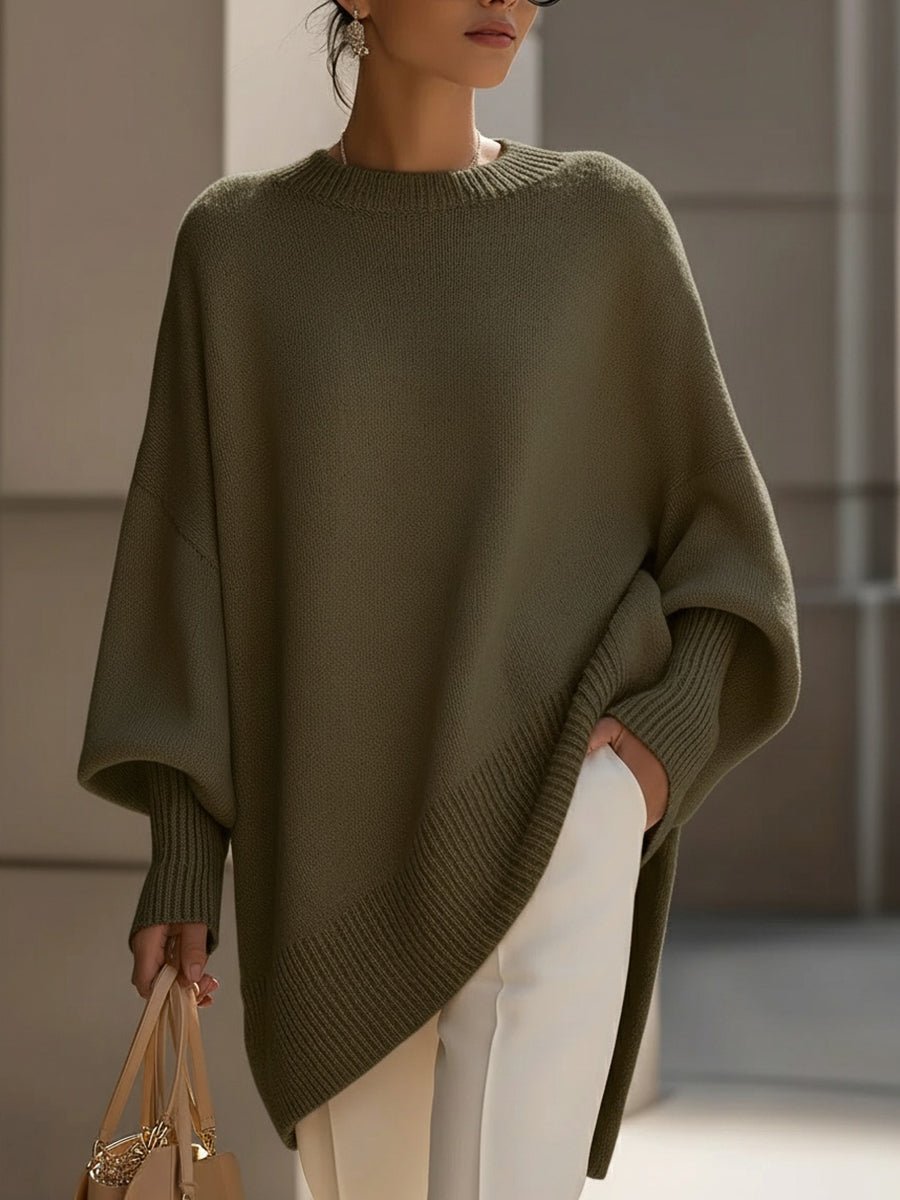 Women's Oversized Batwing-Sleeve Knit Pullover Sweater - Olive Green