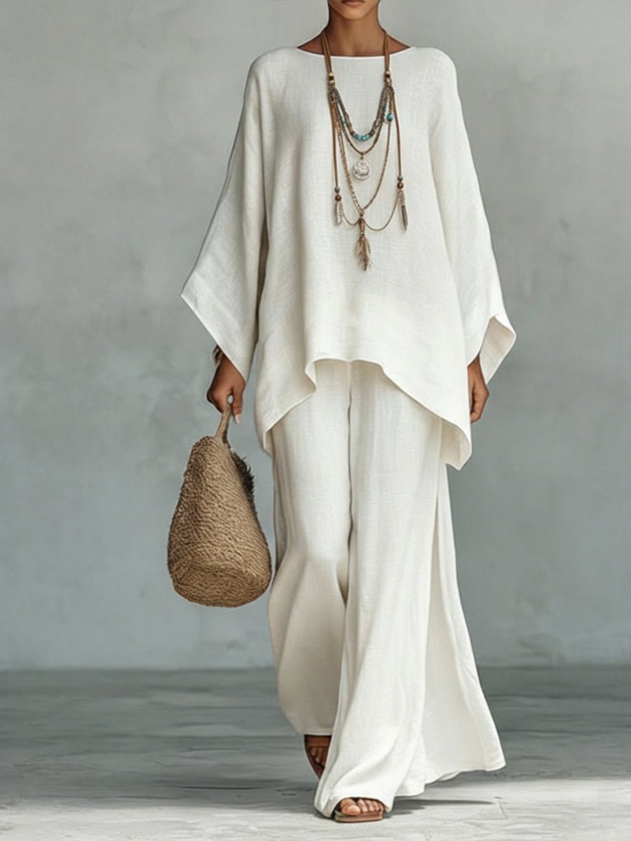 Women's Oversized Batwing-Sleeve Linen Two-Piece Wide-Leg Pants Set - White