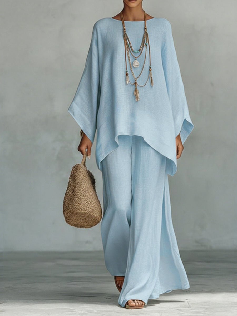 Women's Oversized Batwing-Sleeve Linen Two-Piece Wide-Leg Pants Set - Light Blue