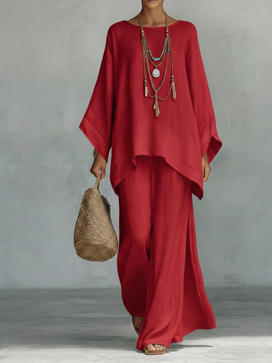 Women's Oversized Batwing-Sleeve Linen Two-Piece Wide-Leg Pants Set - Red