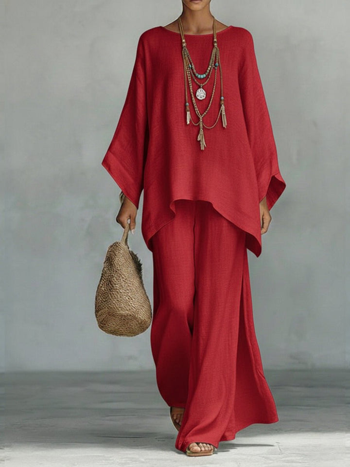 Women's Oversized Batwing-Sleeve Linen Two-Piece Wide-Leg Pants Set - Red