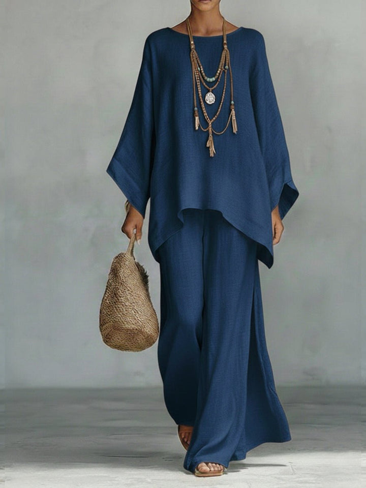Women's Oversized Batwing-Sleeve Linen Two-Piece Wide-Leg Pants Set - Navy Blue