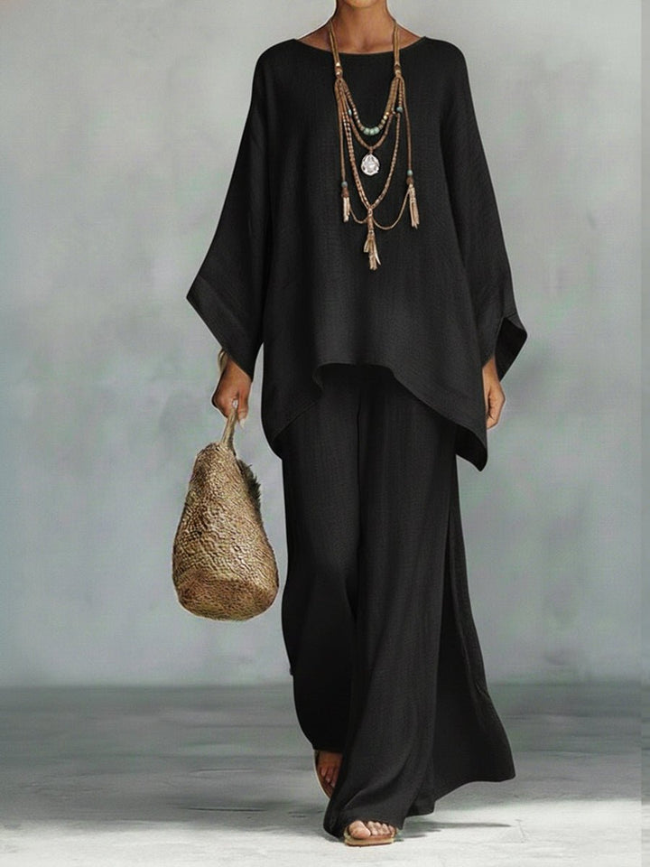 Women's Oversized Batwing-Sleeve Linen Two-Piece Wide-Leg Pants Set - Black