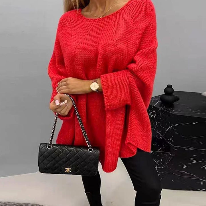 Women's Oversized Batwing-Sleeve Round-Neck Knitted Sweater - Red